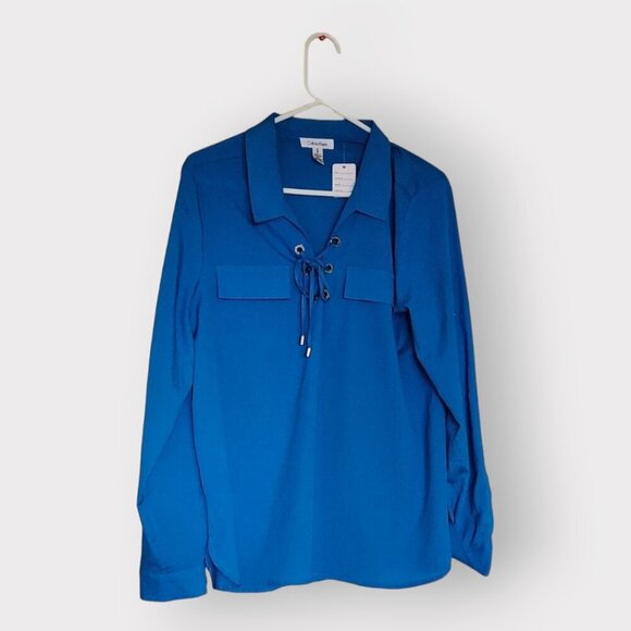 CALVIN KLEIN WOMENS SIZE MEDIUM BLUE BLOUSE WITH HALF LACE UP AT FRONT - Picture 3 of 3